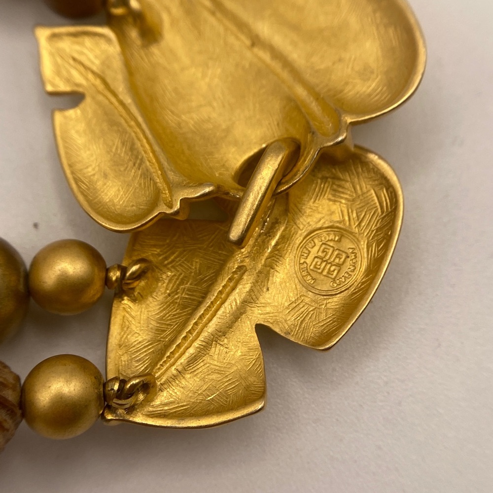 Couture Givenchy Leaf Necklace 80s Bold Faux Brown Wood Beaded GOLD TONE - Picture 6 of 8